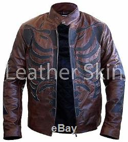 Men Two Tone Distressed Brown Black Skeleton Biker Motorcycle Leather Jacket