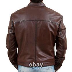 Men Vintage Biker Distressed Brown Slim Fit Biker Cafe Racer Real Leather Jacket