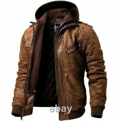 Men Vintage Distressed Brown Leather Motorcycle Jacket with Removable Hood