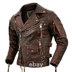 Men Vintage Distressed Brown Waxed Cafe Racer Retro Moto Biker Riding Jacket