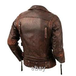 Men Vintage Distressed Brown Waxed Cafe Racer Retro Moto Biker Riding Jacket