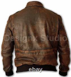 Men's A-2 Flight Aviator Pilot Distress Brown WW2 Bomber Genuine Leather Jacket