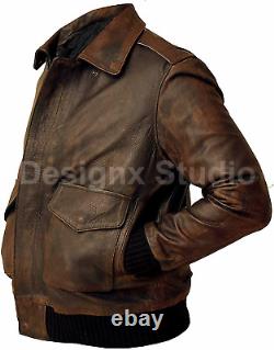 Men's A-2 Flight Aviator Pilot Distress Brown WW2 Bomber Genuine Leather Jacket