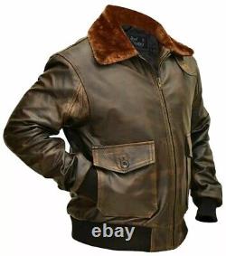 Men's Aviator A2 Navy G-1 Flight Distressed Brown Bomber Real Leather Jacket