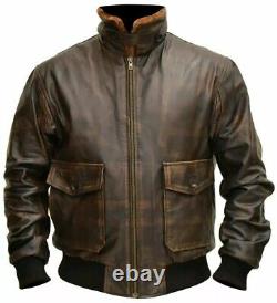 Men's Aviator A2 Navy G-1 Flight Distressed Brown Bomber Real Leather Jacket