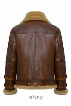 Men's Aviator Pilot Bomber Sheepskin Leather Jacket Fur Collar