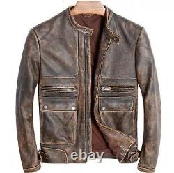 Men's Biker Cafe Racer Vintage Motorcycle Distressed Brown Leather Jacket