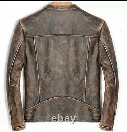 Men's Biker Cafe Racer Vintage Motorcycle Distressed Brown Leather Jacket