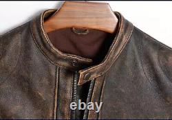 Men's Biker Cafe Racer Vintage Motorcycle Distressed Brown Leather Jacket