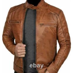 Men's Biker Cafe Racer Vintage Motorcycle Distressed Brown Leather Jacket Ban