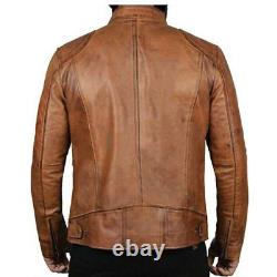 Men's Biker Cafe Racer Vintage Motorcycle Distressed Brown Leather Jacket Ban