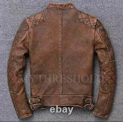 Men's Biker Cafe Racer Vintage Motorcycle Distressed Tan Brown Leather Jacket