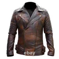 Men's Biker Classic Diamond Motorcycle Brown Distressed Vintage Leather Jacket