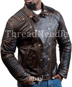 Men's Biker Distressed Brown Retro Leather Motorcycle Genuine Slim Jacket