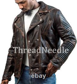 Men's Biker Distressed Brown Retro Leather Motorcycle Genuine Slim Jacket