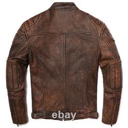 Men's Biker Distressed Motorycle Antique Waxed Brown Vintage Real Leather Jacket