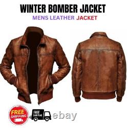 Men's Biker Motorcycle Vintage Distressed Brown Bomber Winter Leather Jacket UK