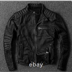 Men's Biker Vintage Cafe Racer Distressed Black/Brown Real Leather Jacket