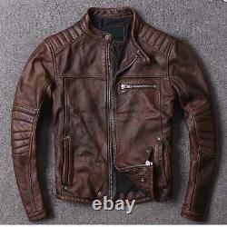 Men's Biker Vintage Cafe Racer Distressed Brown Real Leather Motorcycle Jacket