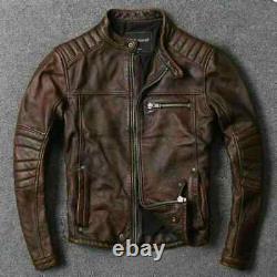 Men's Biker Vintage Cafe Racer Motorcycle Distressed Brown Real Leather Jacket