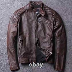 Men's Biker Vintage Motorcycle Distressed Brown Cafe Racer Leather Jacket Coat