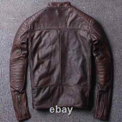 Men's Biker Vintage Motorcycle Distressed Brown Cafe Racer Leather Jacket Coat