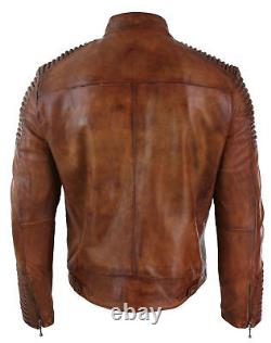 Men's Biker Vintage Style Cafe Racer Wax Distressed Brown Leather Jacket