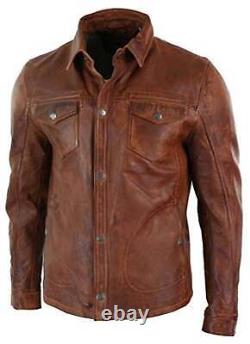 Men's Biker Vintage Waxed Distressed Brown Real Leather Shirt Button up Jacket