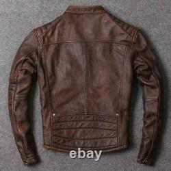 Men's Brown Distressed Bomber Biker Motorcycle Cafe Racer Real Leather Jacket