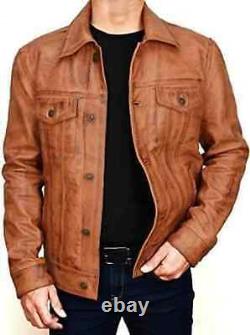 Men's Brown Distressed Leather Jacket Biker Trucker Genuine Lambskin Jacket 02