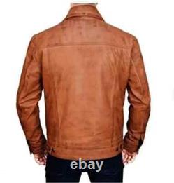 Men's Brown Distressed Leather Jacket Biker Trucker Genuine Lambskin Jacket 02