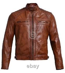 Men's Brown Quilted Motorcycle Real Leather Jacket Slim Fit Biker Distressed