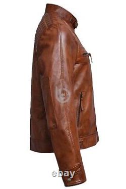 Men's Brown Quilted Motorcycle Real Leather Jacket Slim Fit Biker Distressed