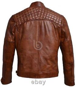 Men's Brown Quilted Motorcycle Real Leather Jacket Slim Fit Biker Distressed