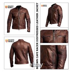 Men's Cafe Racer Leather Jacket Biker Vintage Motorcycle Distressed Brown