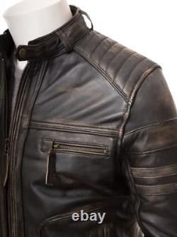 Men`s Cafe Racer Real Genuine Jacket Leather Distressed Brown Biker Motorcycle