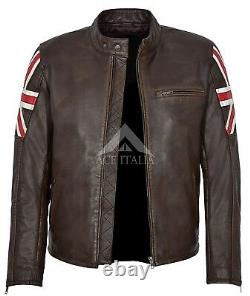 Men's Cafe Racer Vintage Brown Distressed Union Jack 100% Leather Jacket 2525