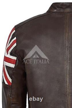 Men's Cafe Racer Vintage Brown Distressed Union Jack 100% Leather Jacket 2525
