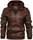Men's Casual Stand Collar Distressed Brown Real Leather Hooded Winter Jacket