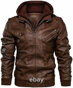 Men's Casual Stand Collar Distressed Brown Real Leather Hooded Winter Jacket