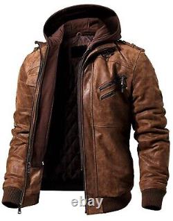 Men's Casual Stand Collar Distressed Brown Real Vintage Leather Detachable Hood