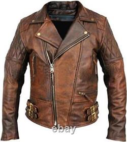 Men's Classic Vintage Brando Biker Style Motorcycle Real Brown Leather Jacket