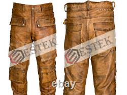 Men's Cowhide Leather Brown Vintage Distressed Wax Stylish Side Laced Biker Pant