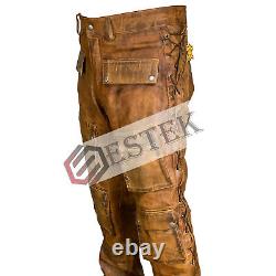 Men's Cowhide Leather Brown Vintage Distressed Wax Stylish Side Laced Biker Pant