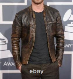 Men's Dierks Bentley Grammy Awards Distressed Brown Motorcycle Leather Jacket