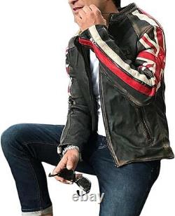 Men's Distressed British UK Flag Vintage Cafe Racer Motorcycle Leather Jacket