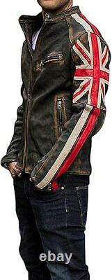 Men's Distressed British UK Flag Vintage Cafe Racer Motorcycle Leather Jacket