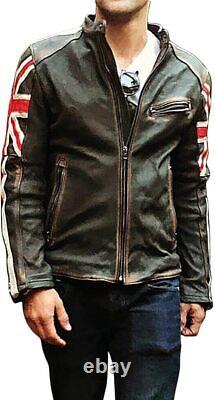 Men's Distressed British UK Flag Vintage Cafe Racer Motorcycle Leather Jacket