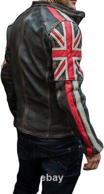 Men's Distressed British UK Flag Vintage Cafe Racer Motorcycle Leather Jacket