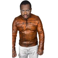 Men's Distressed Brown Biker Zipper Motorcycle Leather Jacket